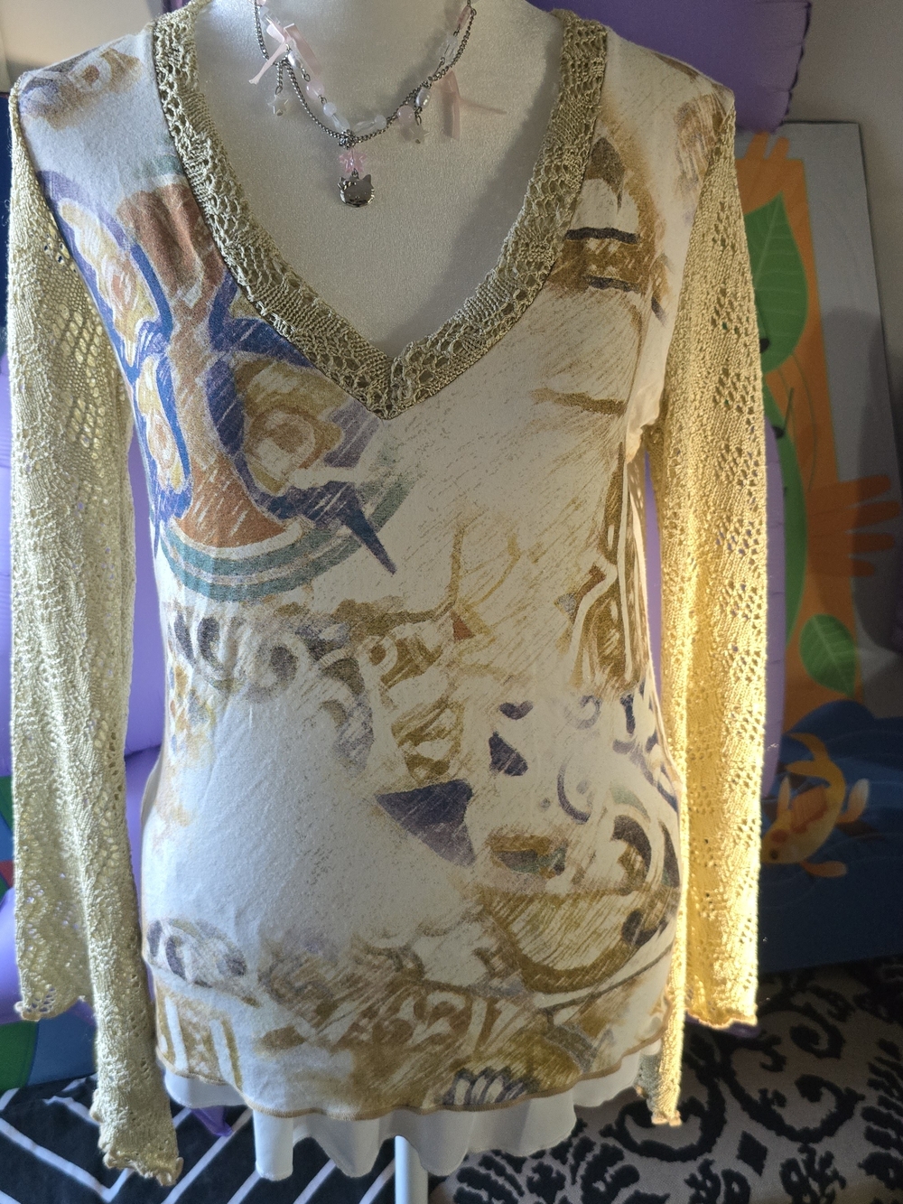🔥(SOLD) Y2K Whimsigoth Fairycore Top Crochet Bell Sleeve Graphic S - Picture 5 of 11